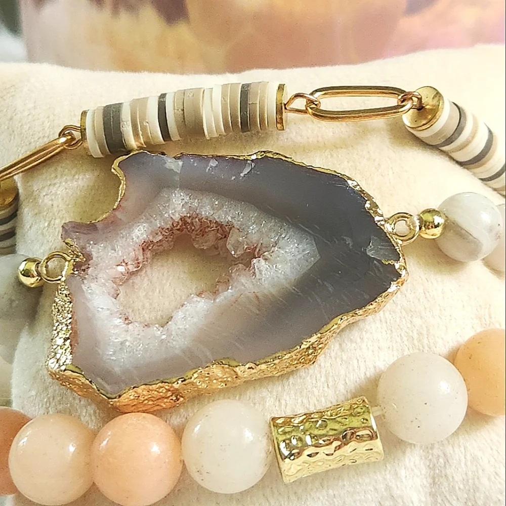 NWT Ryze Natural Stone Peach Aventurine & Geode Stack Bracelets - Set of 3 - Picture 2 of 7